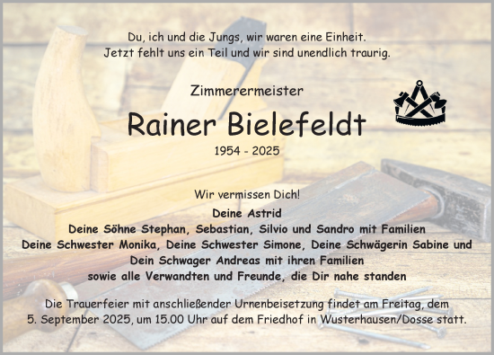 Traueranzeige von Rainer Bielefeldt von Wochenspiegel