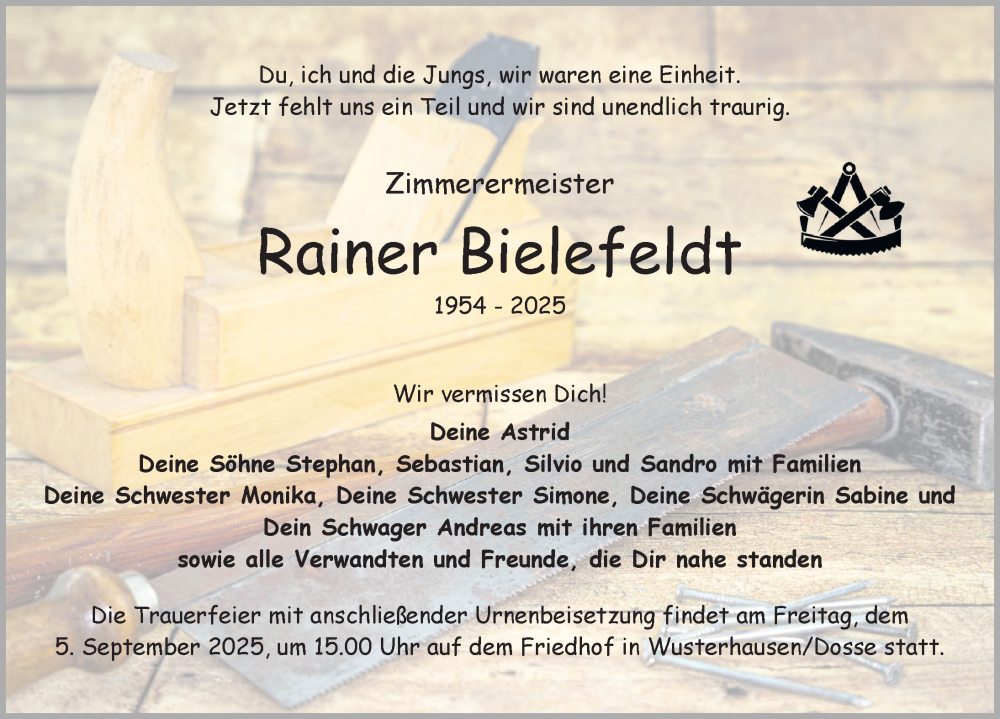  Traueranzeige für Rainer Bielefeldt vom 23.08.2025 aus Wochenspiegel