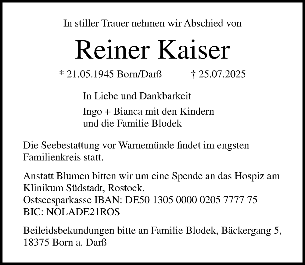  Traueranzeige für Reiner Kaiser vom 02.08.2025 aus Ostsee-Zeitung GmbH