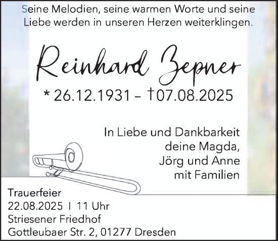 Traueranzeige von Reinhard Bepner von Sächsische Zeitung