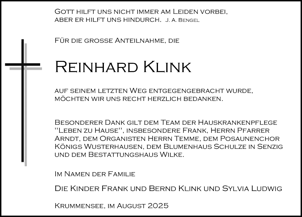  Traueranzeige für Reinhard Klink vom 16.08.2025 aus Märkischen Allgemeine Zeitung