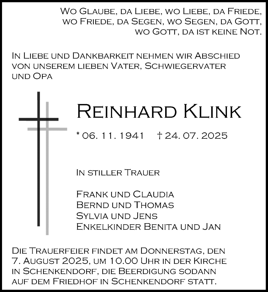  Traueranzeige für Reinhard Klink vom 02.08.2025 aus Märkischen Allgemeine Zeitung