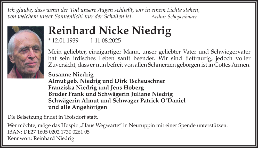  Traueranzeige für Reinhard Nicke Niedrig vom 30.08.2025 aus Märkischen Allgemeine Zeitung