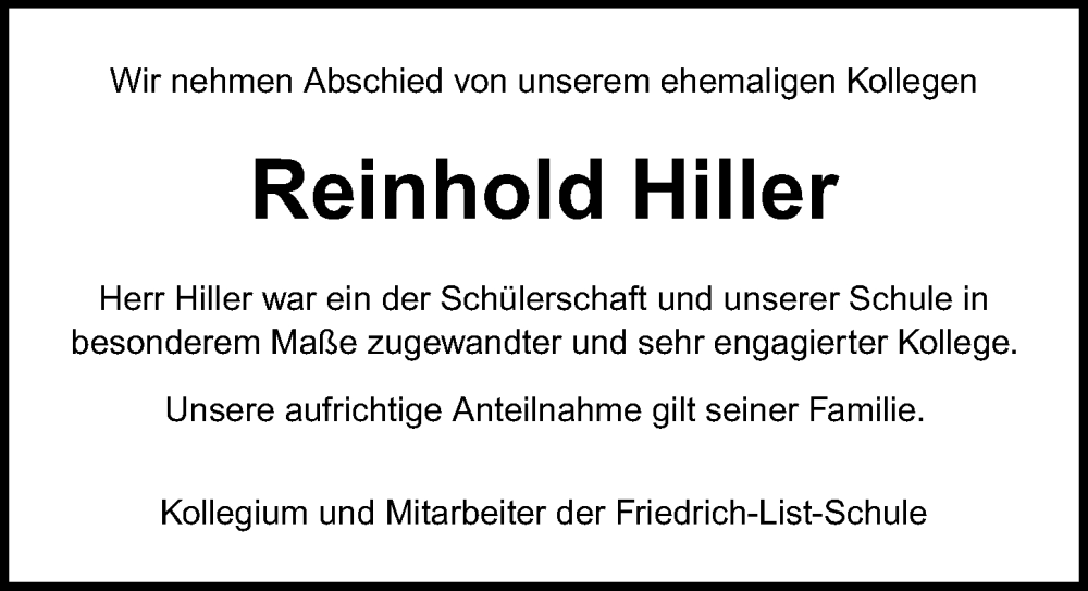  Traueranzeige für Reinhold Hiller vom 03.08.2025 aus Lübecker Nachrichten