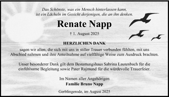 Traueranzeige von Renate Napp von Eichsfelder Tageblatt