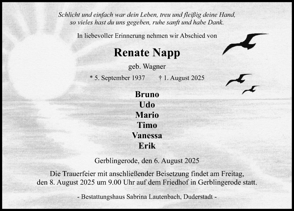  Traueranzeige für Renate Napp vom 06.08.2025 aus Eichsfelder Tageblatt