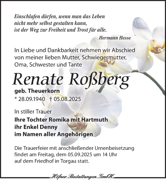 Traueranzeige von Renate Roßberg von Torgauer Zeitung