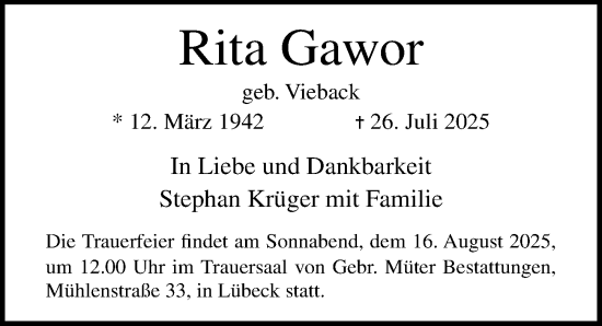 Traueranzeige von Rita Gawor von Lübecker Nachrichten