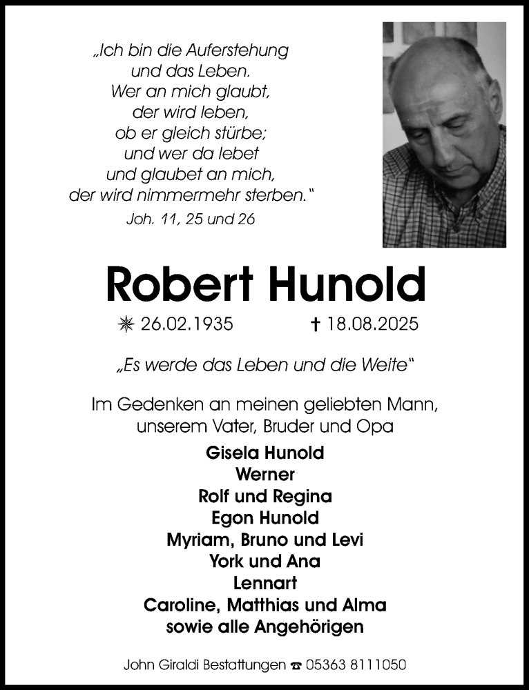  Traueranzeige für Robert Hunold vom 30.08.2025 aus Aller Zeitung