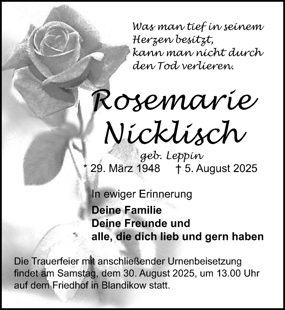 Traueranzeige für Rosemarie Nicklisch vom 16.08.2025 aus Wochenspiegel