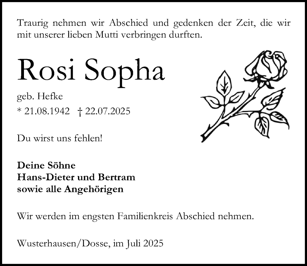  Traueranzeige für Rosi Sopha vom 02.08.2025 aus Wochenspiegel