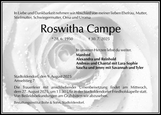 Traueranzeige von Roswitha Campe von Täglicher Anzeiger Holzminden