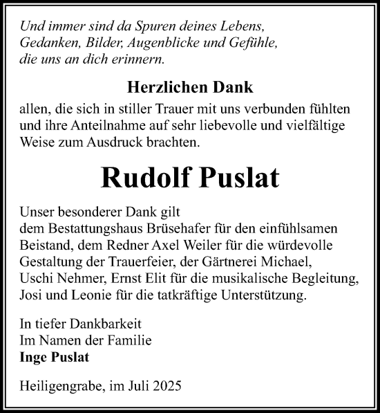 Traueranzeige von Rudolf Puslat von Wochenspiegel
