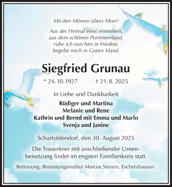 Traueranzeige von Siegfried Grunau von Täglicher Anzeiger Holzminden