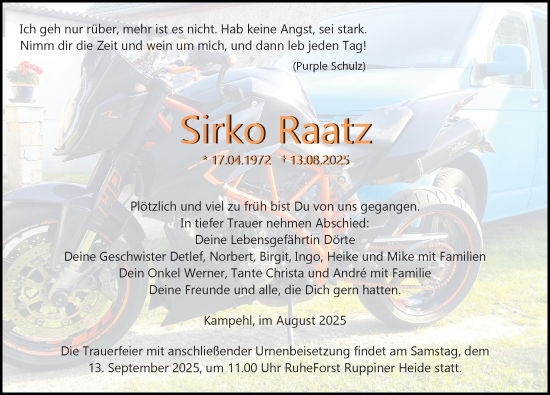 Traueranzeige von Sirko Raatz von Wochenspiegel