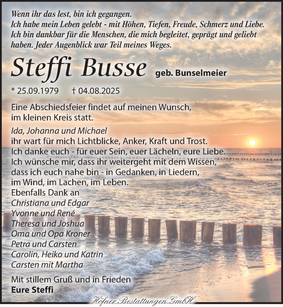  Traueranzeige für Steffi Busse vom 17.08.2025 aus Torgauer Zeitung