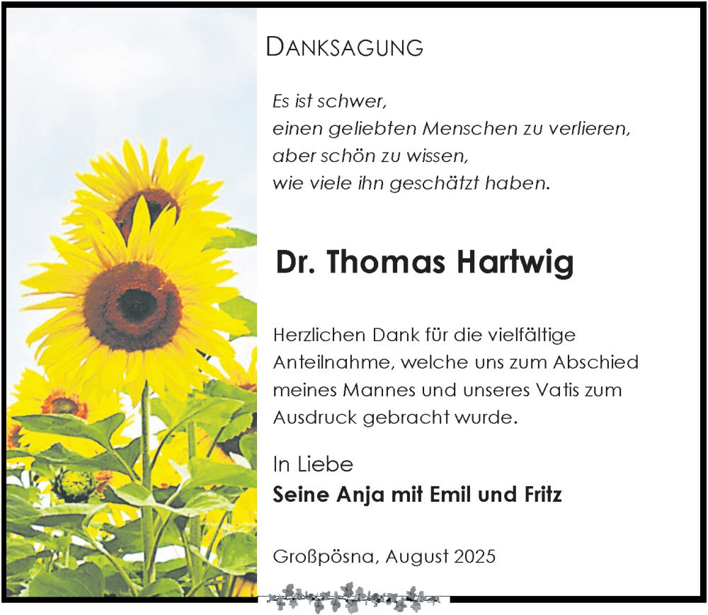  Traueranzeige für Thomas Hartwig vom 23.08.2025 aus Leipziger Volkszeitung