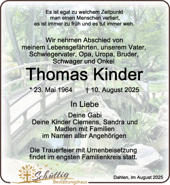 Traueranzeige von Thomas Kinder von Leipziger Volkszeitung