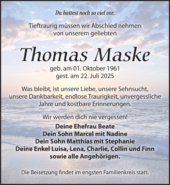 Traueranzeige von Thomas Maske von Leipziger Volkszeitung