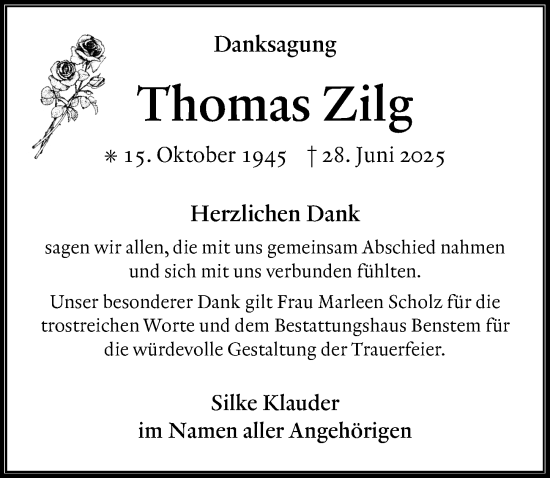 Traueranzeige von Thomas Zilg von Göttinger Tageblatt