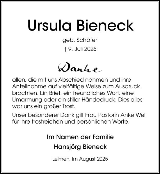 Traueranzeige von Ursula Bieneck von Göttinger Tageblatt