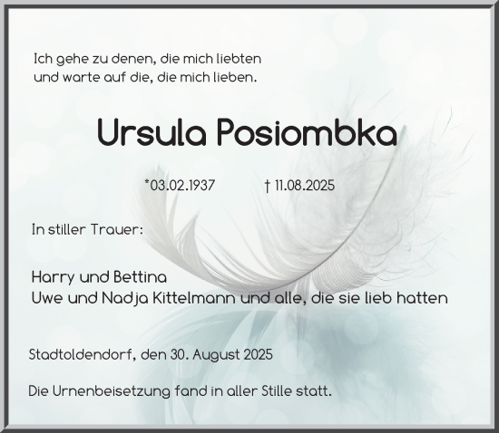 Traueranzeige von Ursula Posiombka von Täglicher Anzeiger Holzminden