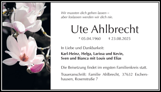 Traueranzeige von Ute Ahlbrecht von Täglicher Anzeiger Holzminden