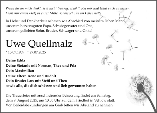 Traueranzeige von Uwe Quellmalz von Märkischen Allgemeine Zeitung