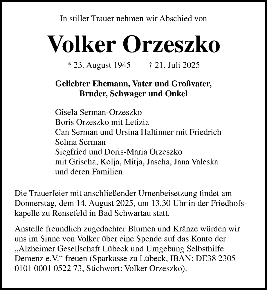  Traueranzeige für Volker Orzeszko vom 10.08.2025 aus Lübecker Nachrichten