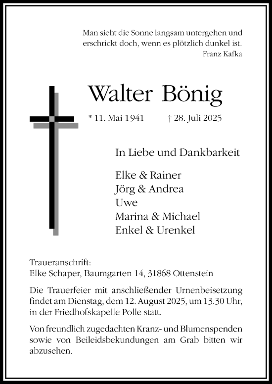 Traueranzeige von Walter Bönig von Täglicher Anzeiger Holzminden