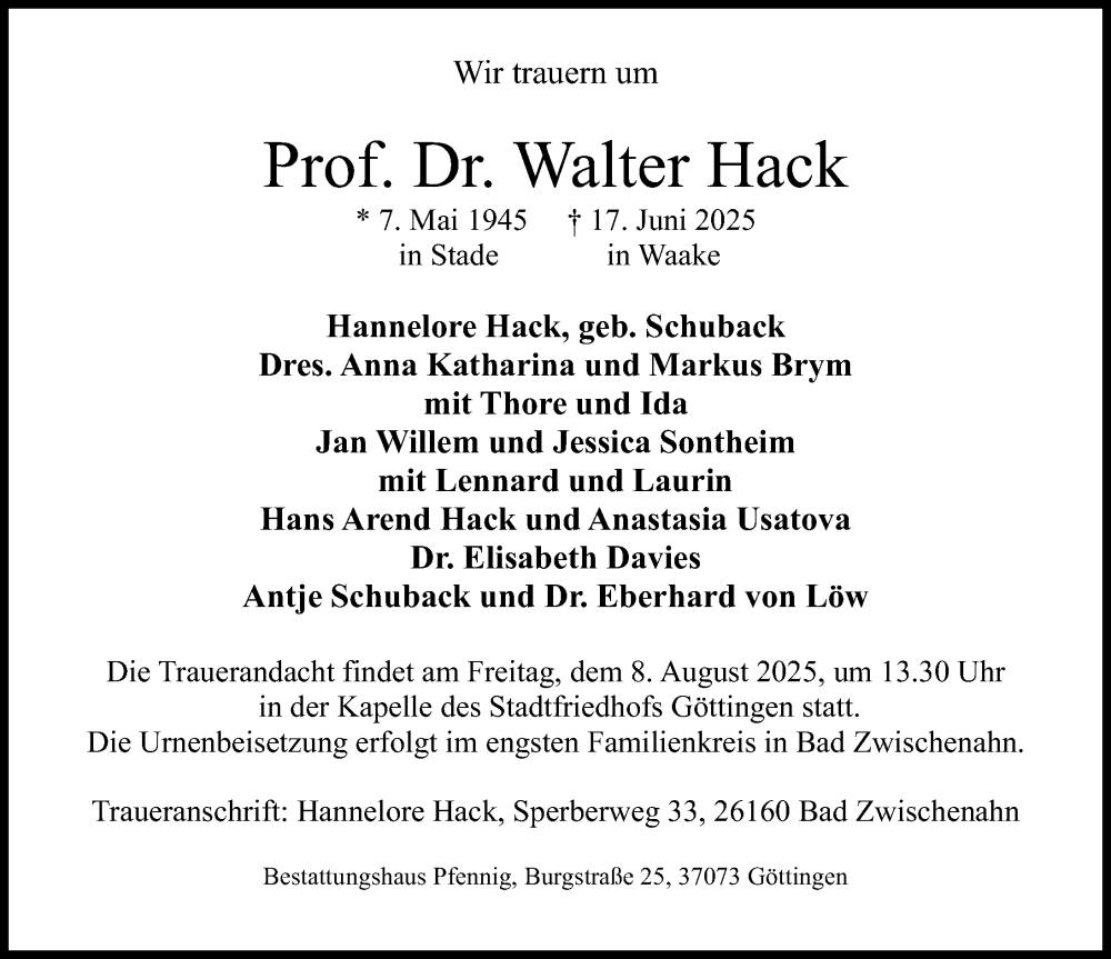  Traueranzeige für Walter Hack vom 02.08.2025 aus Göttinger Tageblatt