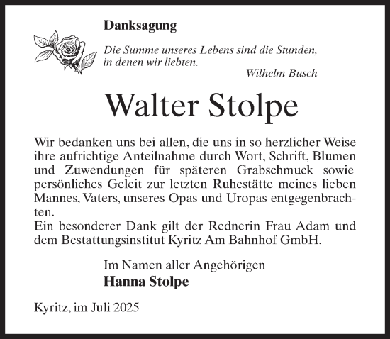 Traueranzeige von Walter Stolpe von Wochenspiegel