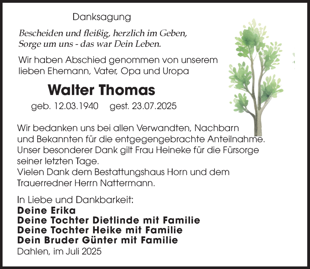  Traueranzeige für Walter Thomas vom 16.08.2025 aus Leipziger Volkszeitung