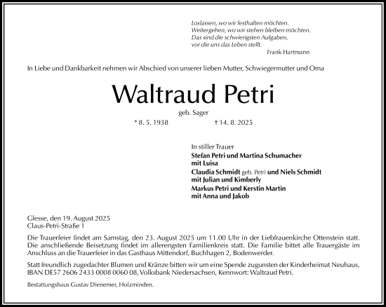 Traueranzeige von Waltraud Petri von Täglicher Anzeiger Holzminden