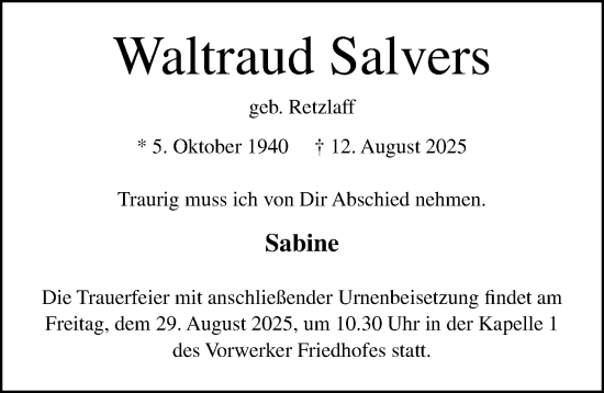 Traueranzeige von Waltraud Salvers von Lübecker Nachrichten
