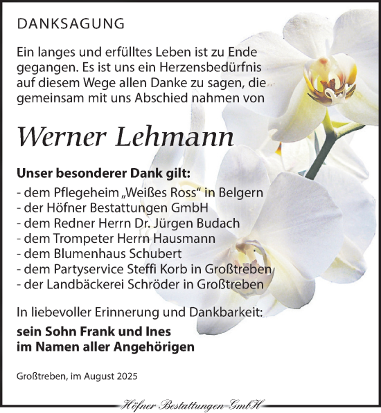 Traueranzeige von Werner Lehmann von Torgauer Zeitung