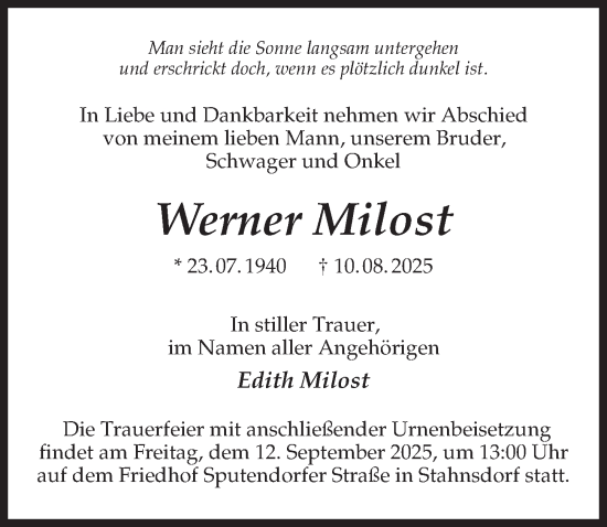 Traueranzeige von Werner Milost von Märkischen Allgemeine Zeitung