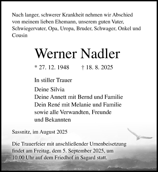 Traueranzeige von Werner Nadler von Ostsee-Zeitung GmbH