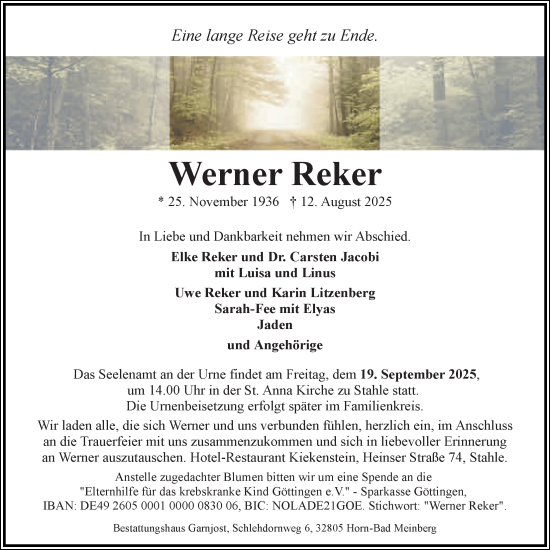 Traueranzeige von Werner Reker von Täglicher Anzeiger Holzminden