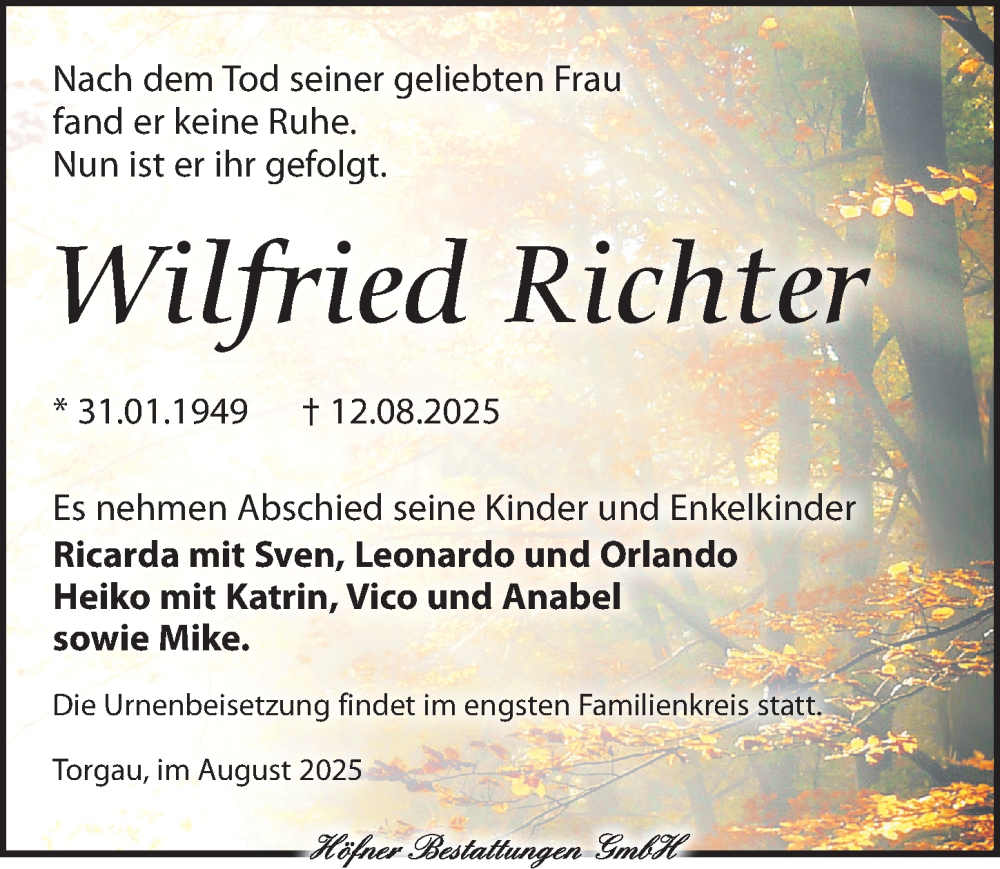 Traueranzeige für Wilfried Richter vom 24.08.2025 aus Torgauer Zeitung