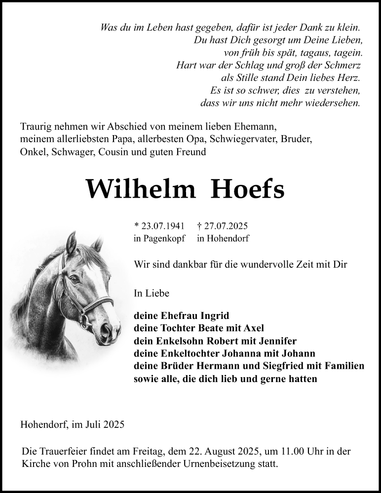  Traueranzeige für Wilhelm Hoefs vom 02.08.2025 aus Ostsee-Zeitung GmbH