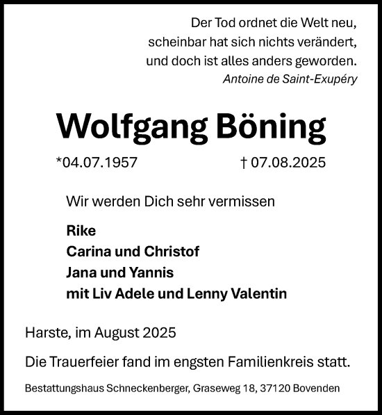 Traueranzeige von Wolfgang Böning von Göttinger Tageblatt