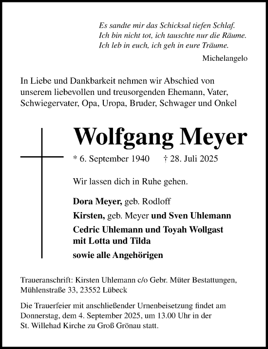 Traueranzeige von Wolfgang Meyer von Lübecker Nachrichten