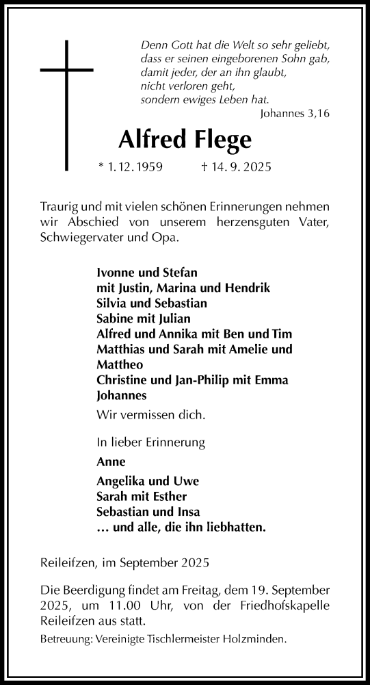  Traueranzeige für Alfred Flege vom 18.09.2025 aus Täglicher Anzeiger Holzminden