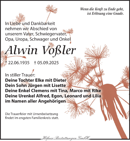 Traueranzeige von Alwin Voßler von Torgauer Zeitung