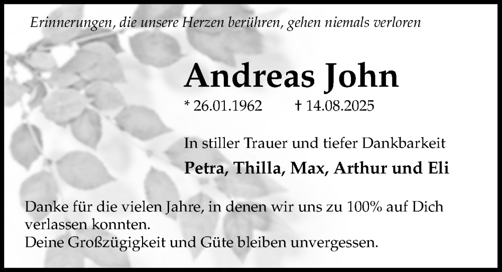  Traueranzeige für Andreas John vom 30.08.2025 aus Göttinger Tageblatt