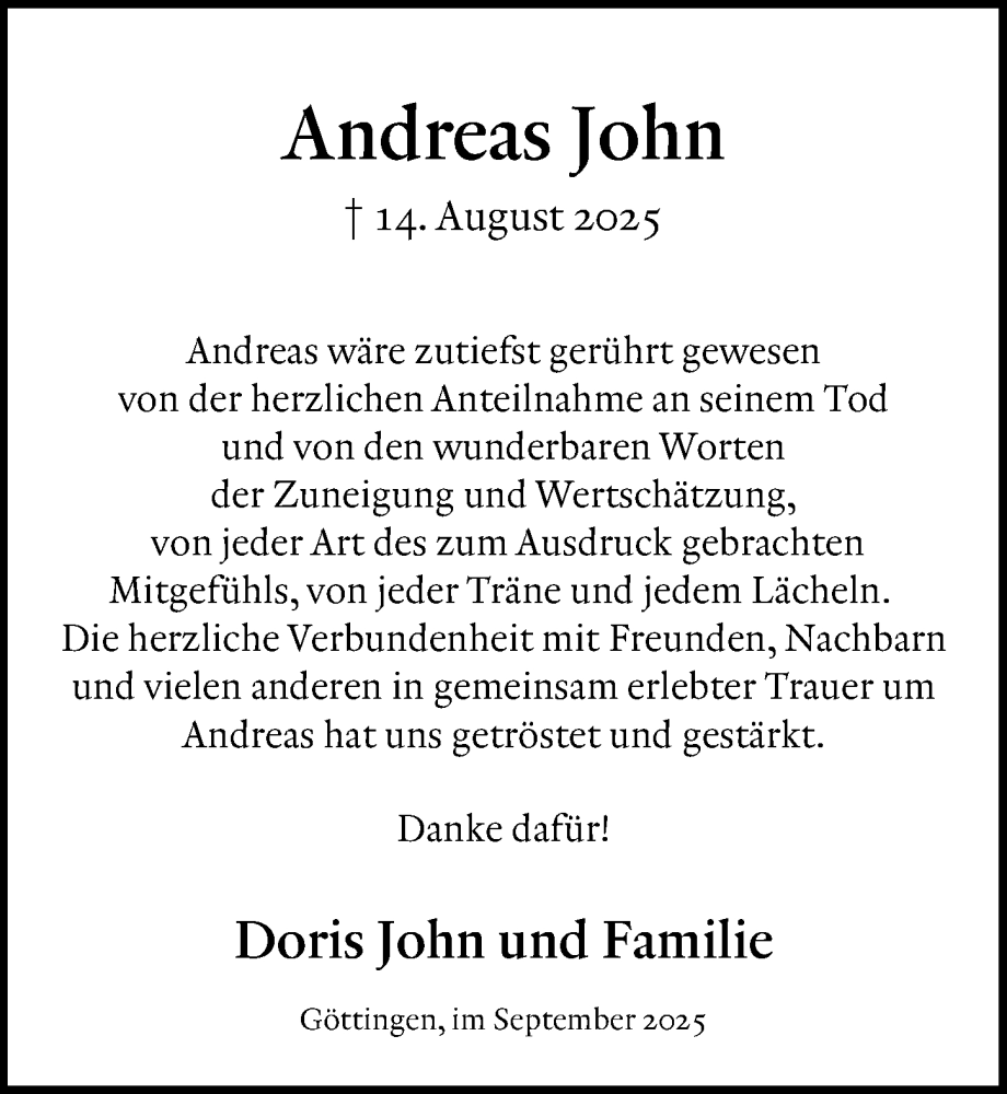  Traueranzeige für Andreas John vom 20.09.2025 aus Göttinger Tageblatt