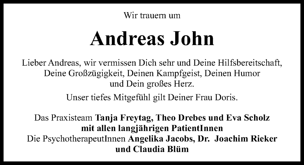  Traueranzeige für Andreas John vom 30.08.2025 aus Göttinger Tageblatt