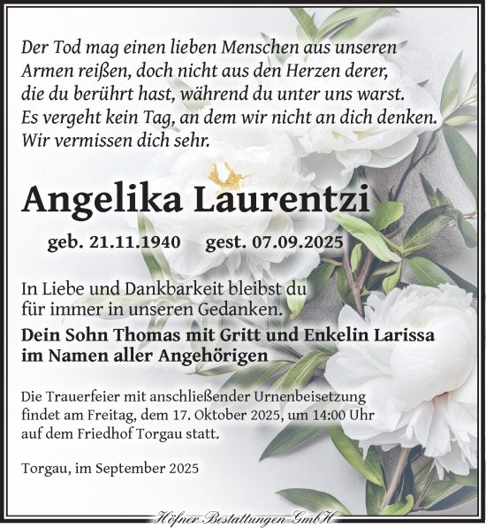 Traueranzeige von Angelika Laurentzi von Torgauer Zeitung