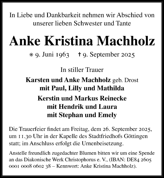 Traueranzeige von Anke Kristina Machholz von Göttinger Tageblatt